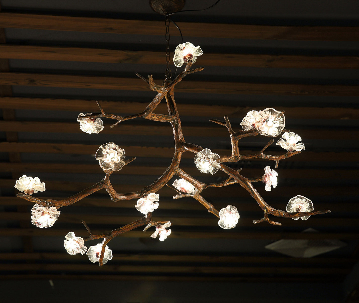 Nordic Tree Branch Chandelier,Plum Blossom Lights and Delicate Glass Birds Adorning Tree Branches