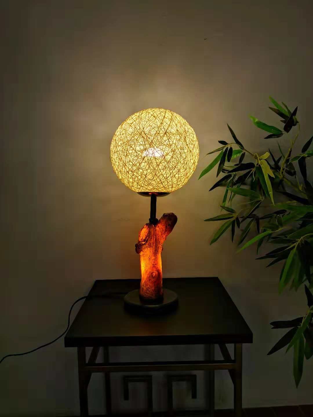 Glowing Table Lamp Tree Branch with Illuminated Body and Vine-Woven Lampshade