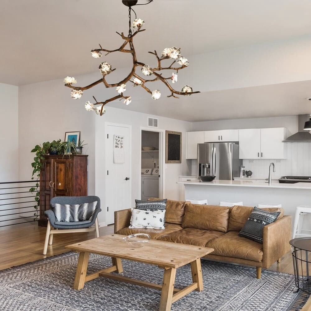 Nordic Tree Branch Chandelier,Plum Blossom Lights and Delicate Glass Birds Adorning Tree Branches