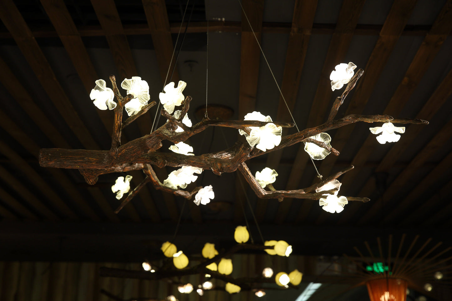 Nordic Tree Branch Chandelier,Plum Blossom Lights and Delicate Glass Birds Adorning Tree Branches