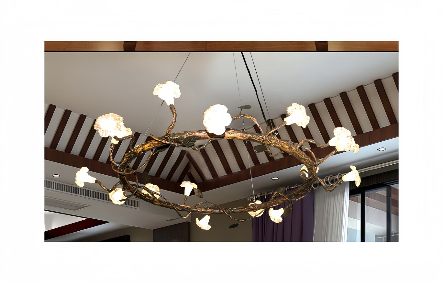 Nordic Rustic Tree Branch Hanging Wagon Wheel Chandelier Pendant Light Fixtures with Glass Flowers for Home Art Decor - 16 Lights