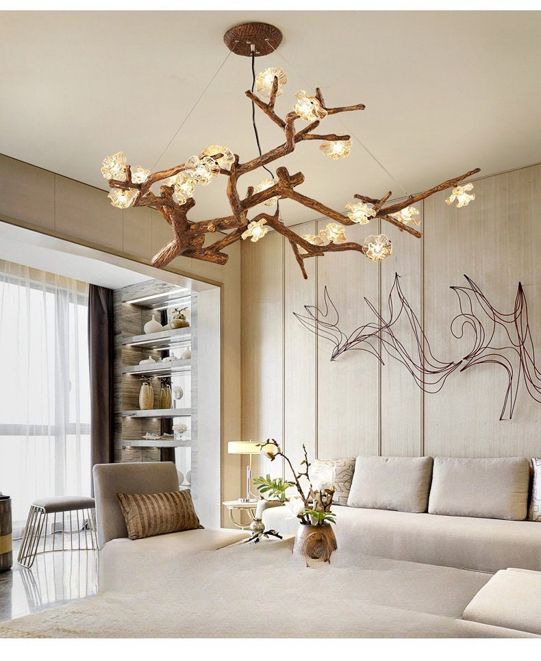 Nordic Tree Branch Chandelier,Plum Blossom Lights and Delicate Glass Birds Adorning Tree Branches